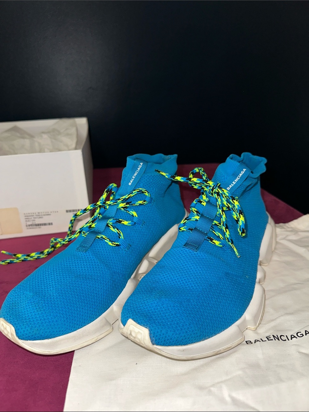 Balenciaga Turquoise Knit Speed Trainer Sneakers with Neon Laces